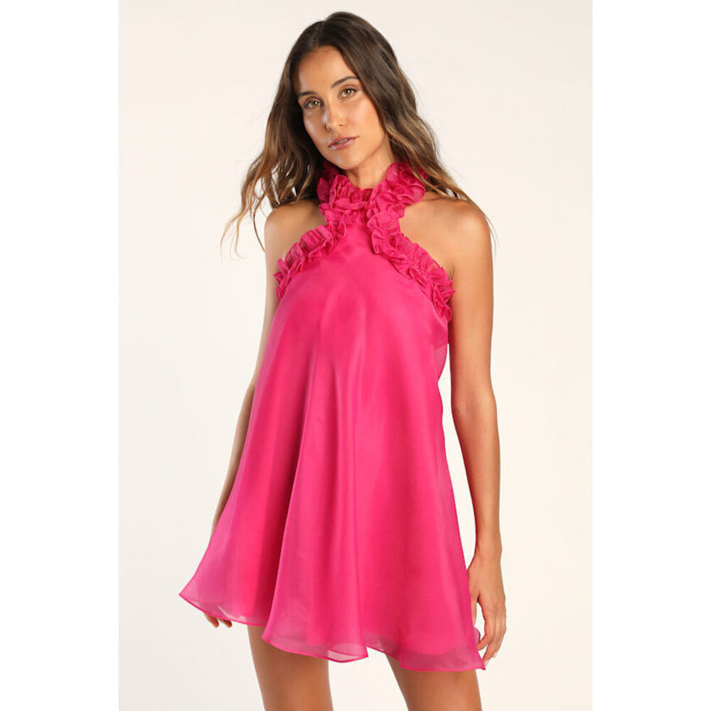 Lulus Perfect Stunner Hot Pink Organza Ruffled Halter Mini Dress - Size M